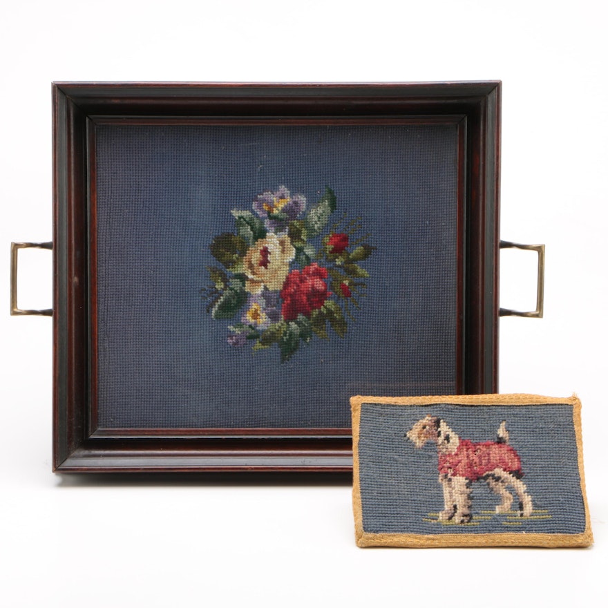 Inset Floral Needlepoint Serving Tray and Terrier Needlepoint Doorstop