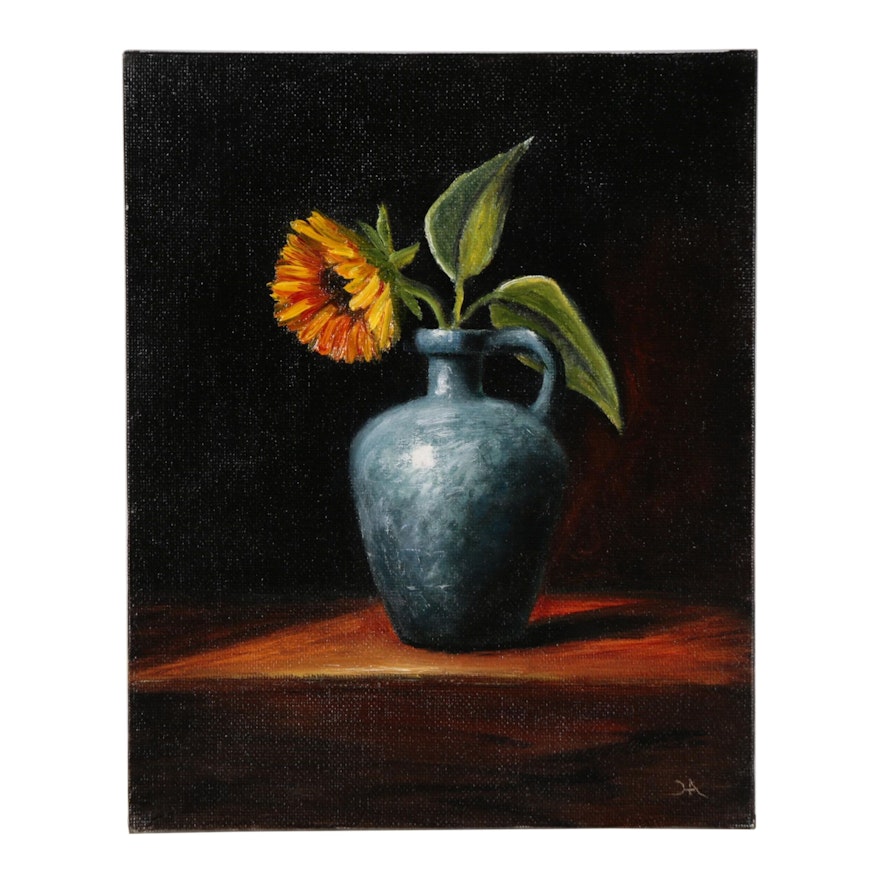 Houra Alghizzi Oil Painting "Sunflower in Blue Vase"