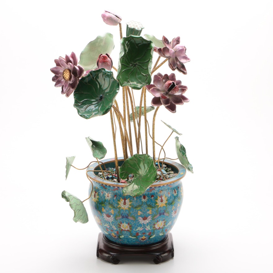 Chinese Cloisonné Planter with Handcrafted Enameled Flower Arrangement