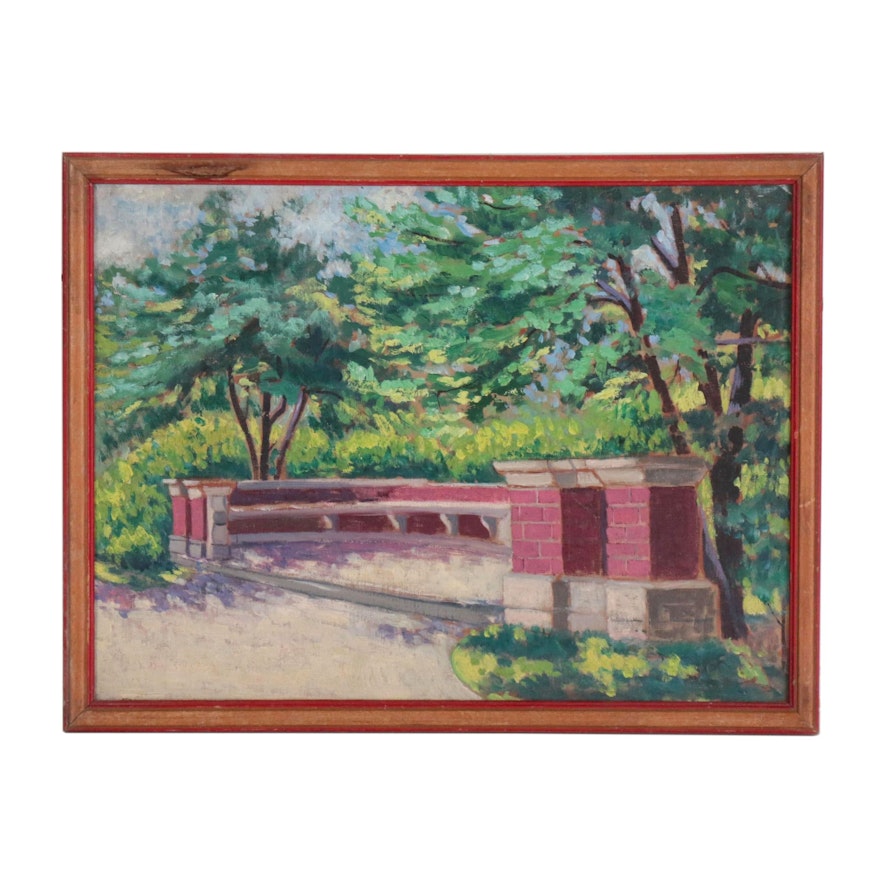 Oil Painting Attributed to Lola Schickner "Entrance to Owl's Nest Park"