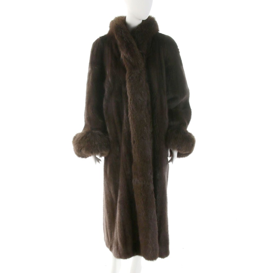 Sable Fur Full-Length Coat with Dyed Fox Fur Trim