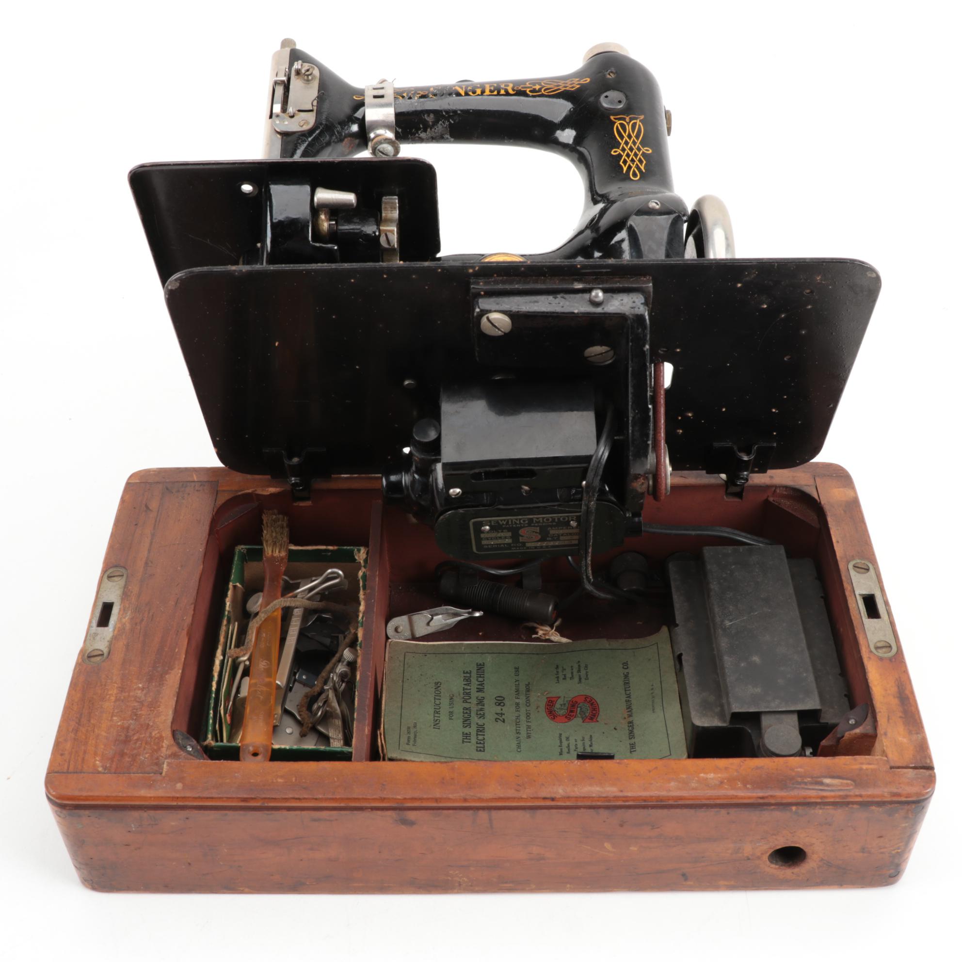 Singer Portable Electric Sewing Machine With Bentwood Case, Model 24, 1922