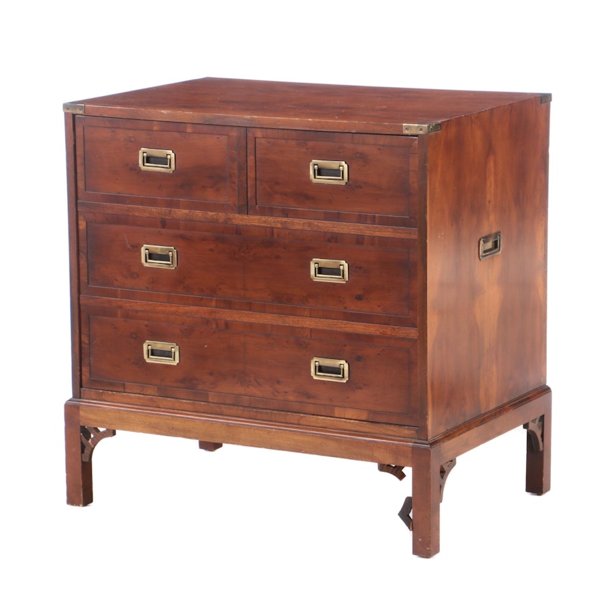 Campaign Style Walnut Faux Drawer Front Media Cabinet, Late 20th Century