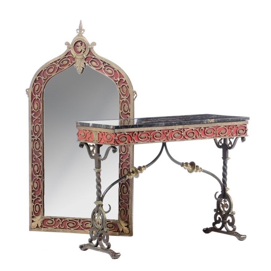 Art Deco Parcel-Gilt, Polychromed, & Brass-Mounted Iron Console Table and Mirror