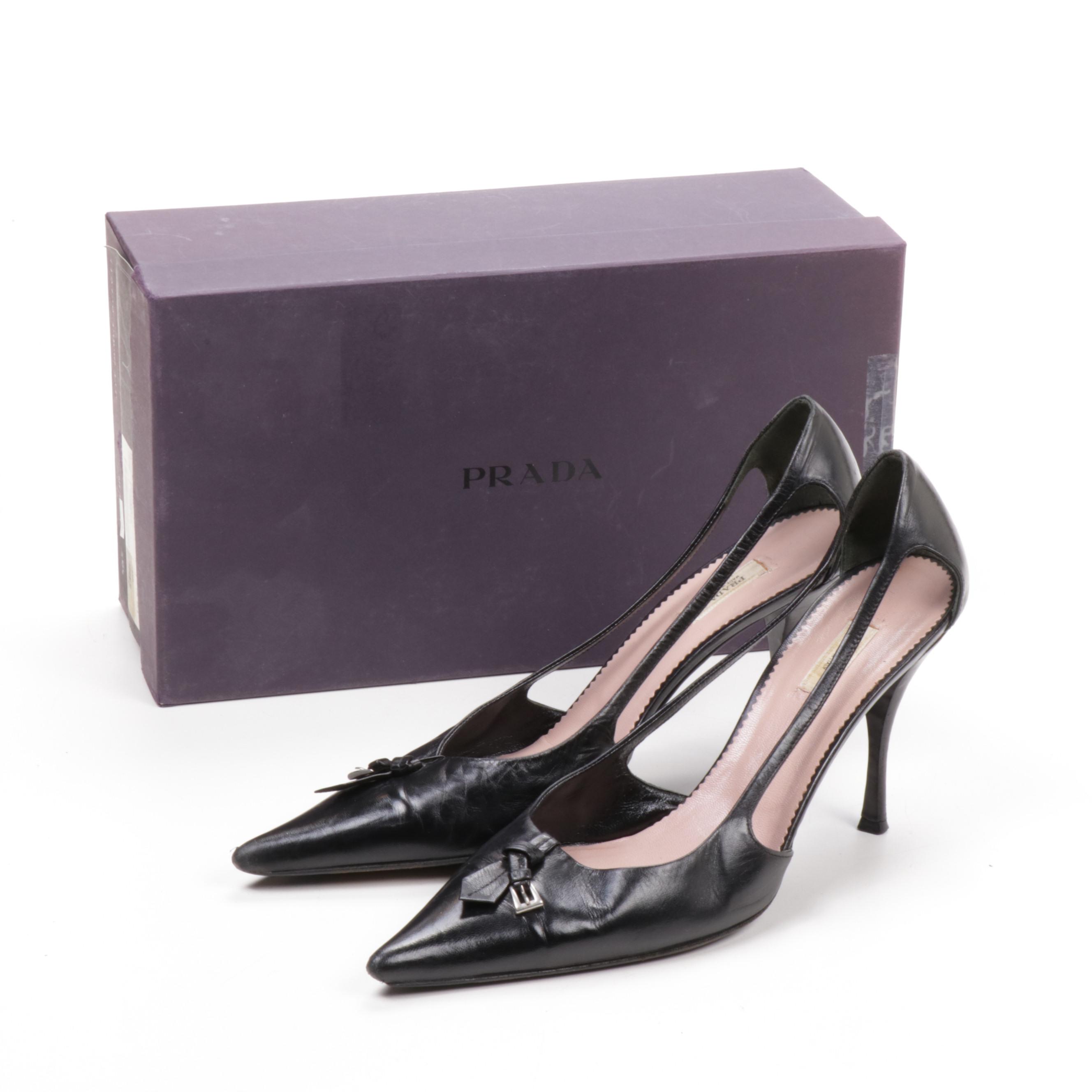 Prada Black Leather Calzature Donna Capretto Pumps
