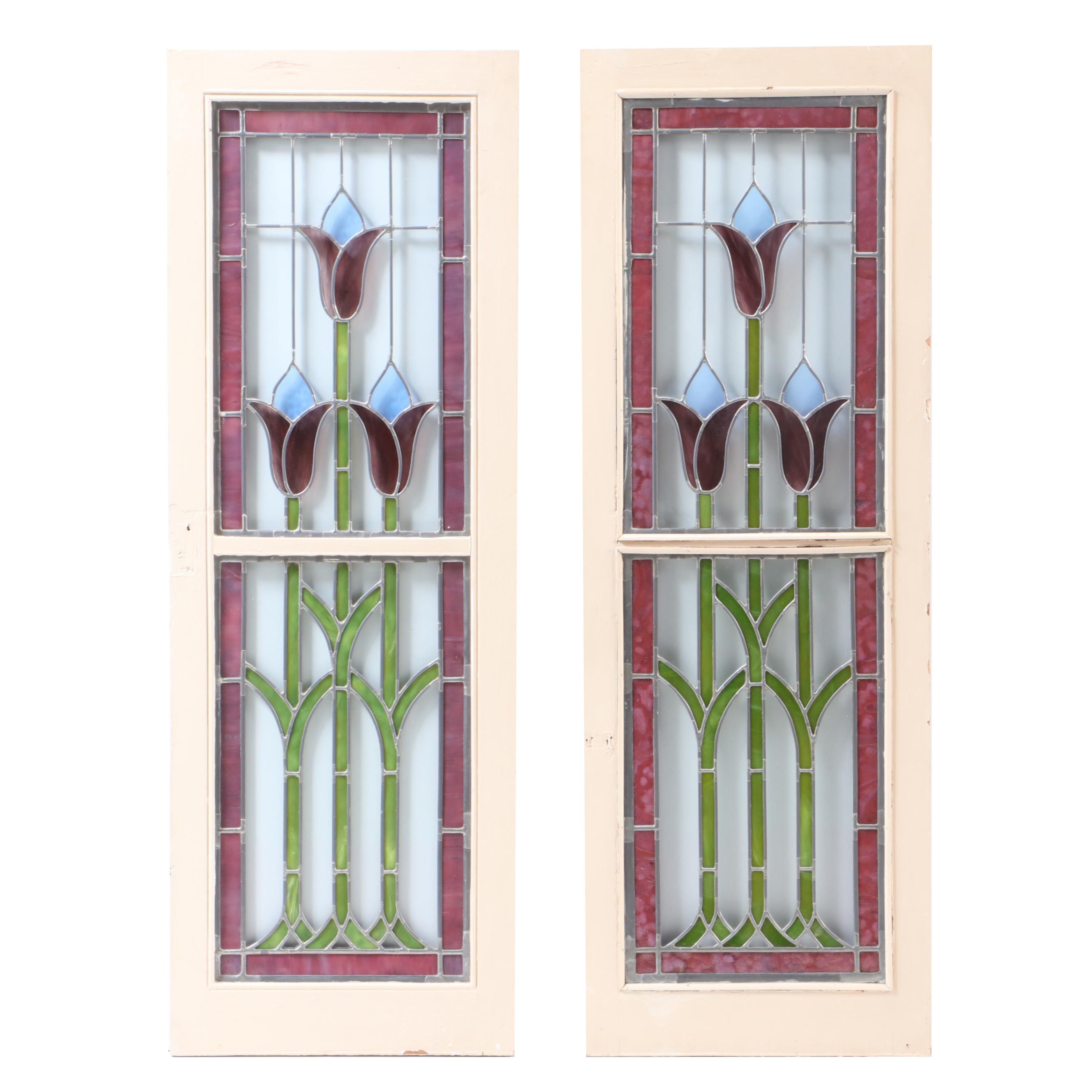 Pair of Leaded Stained Glass Cabinet Doors, Early 20th Century