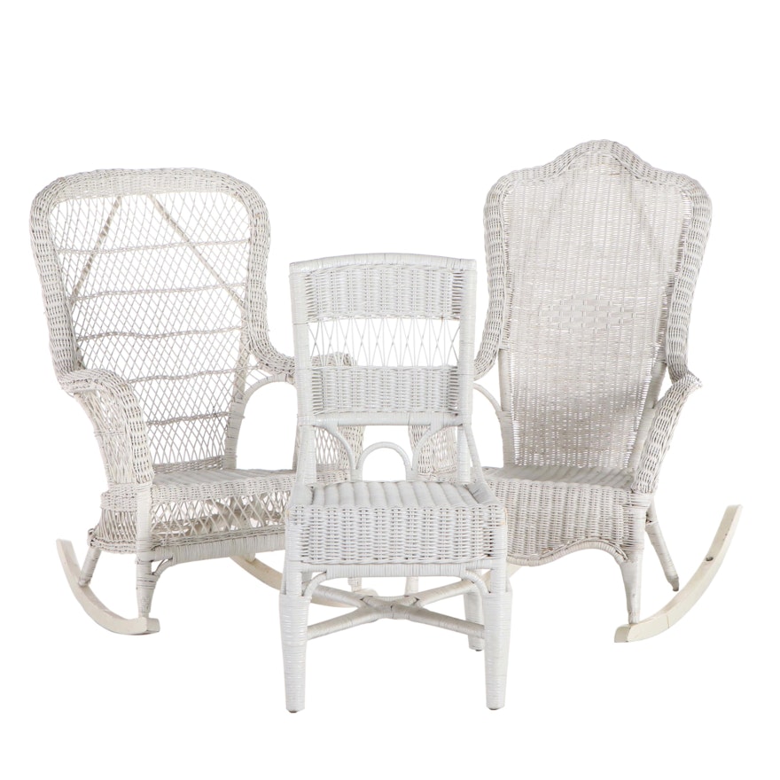 Woven Wicker Rocking Chairs and Side Chair, Late 20th Century