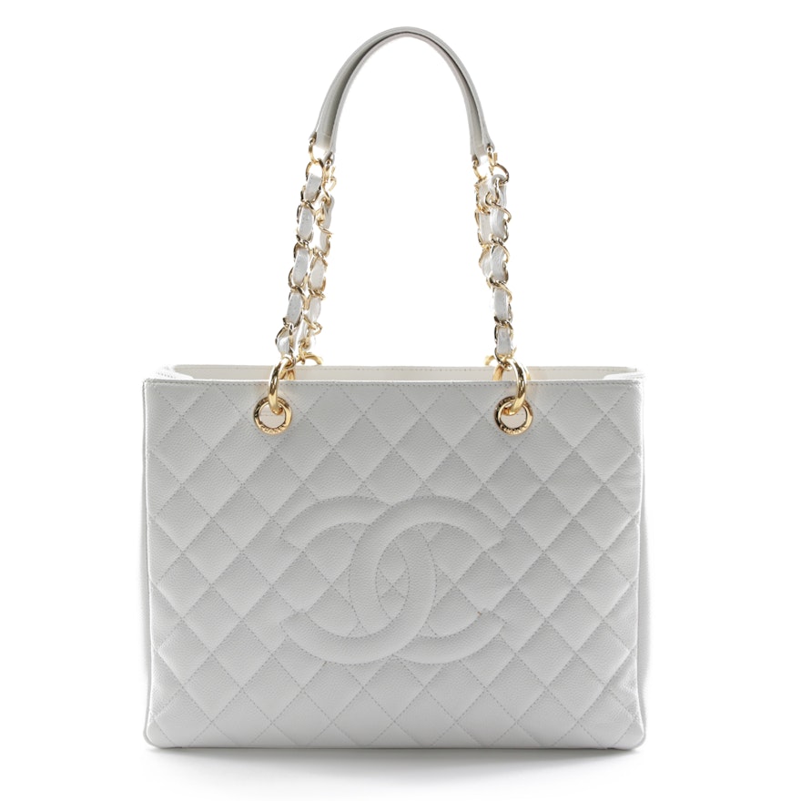 Chanel CC White Quilted Caviar Leather Grand Shopping Tote