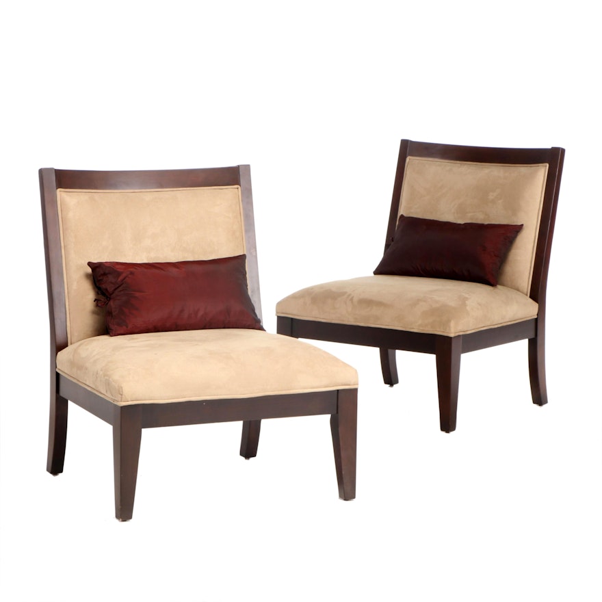 Ebonized Wood Sueded Upholstered Lounge Chairs, Contemporary