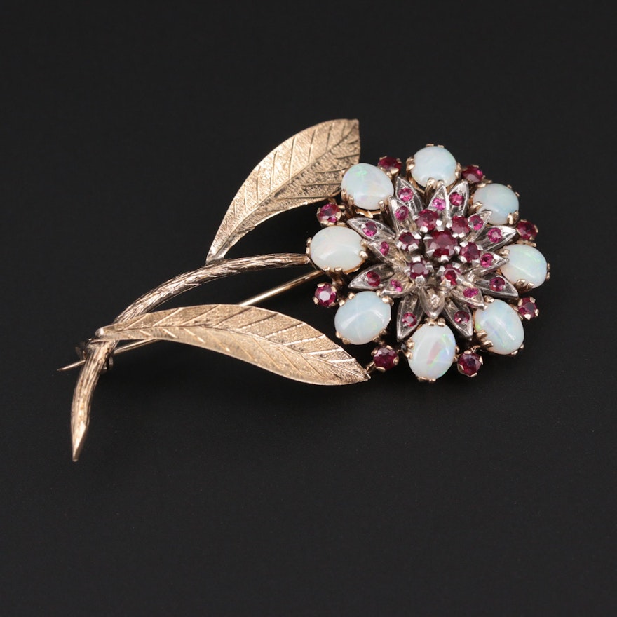 1950s 14K Yellow Gold Opal and Ruby Flower Brooch with 900 Silver Accent