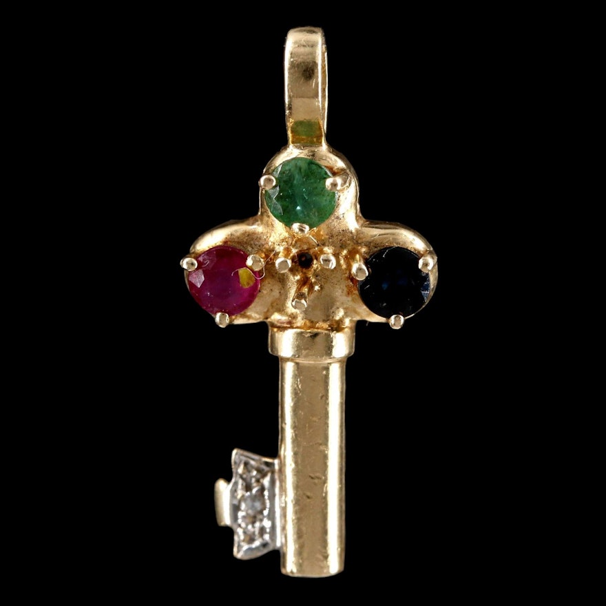 14K Yellow Gold Diamond, Ruby Emerald and Sapphire Key Pendant