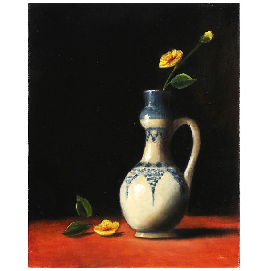Houra Alghizzi Oil Painting "Golden Poppy in Pottery Vase"