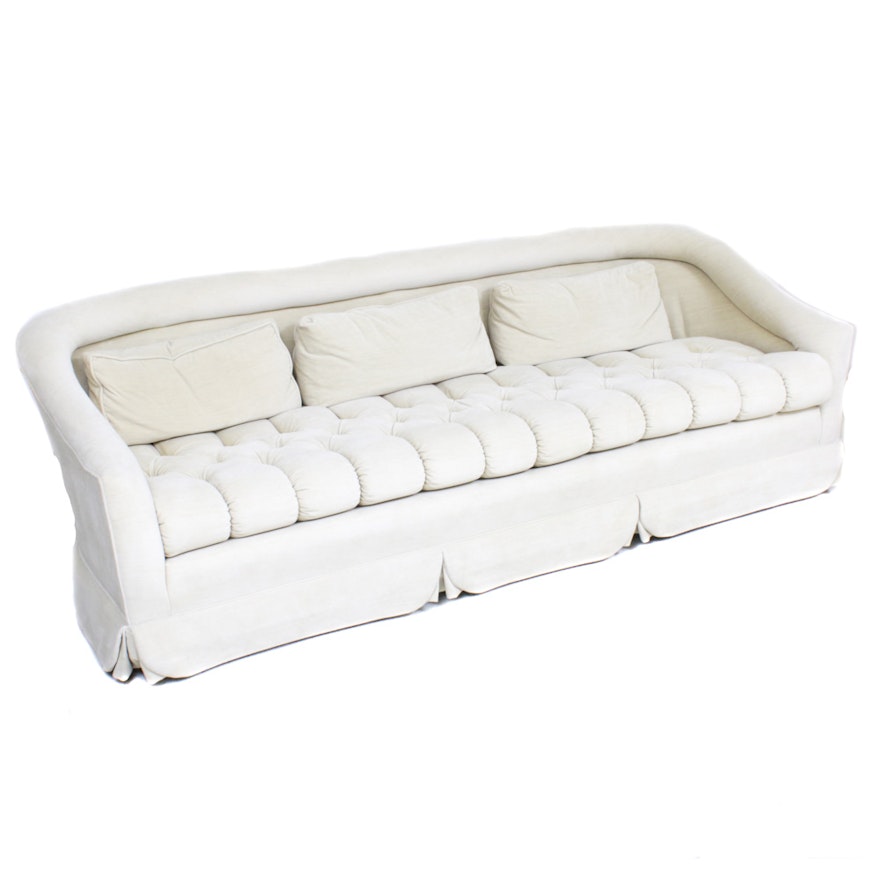 Ivory Velveteen Tufted Rolled Arm Sofa, Mid-20th Century