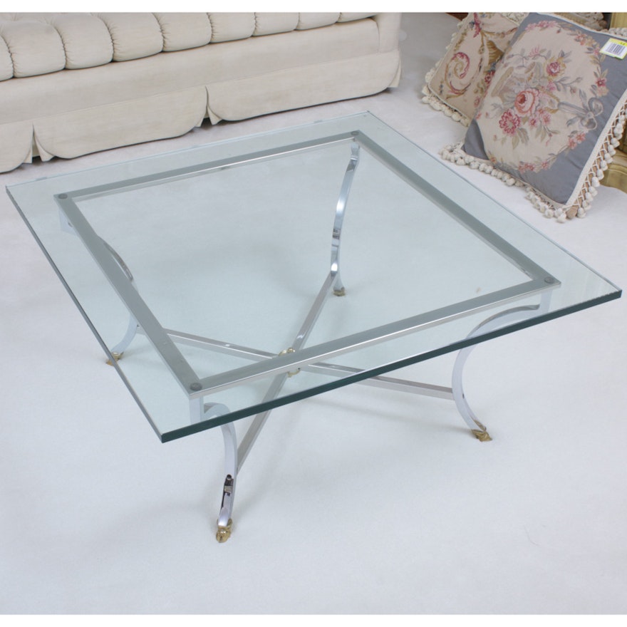 Brass-Mounted Chrome and Glass Top Coffee Table, Second Half 20th Century