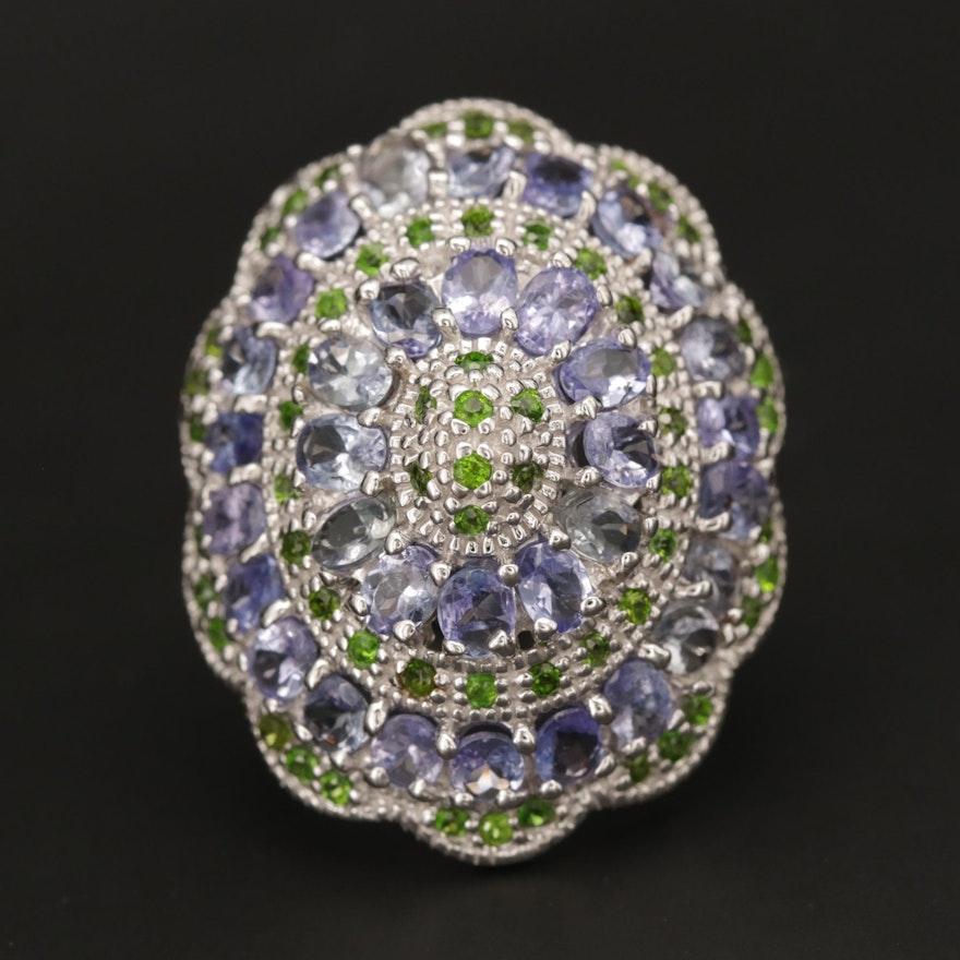 Sterling Silver Tanzanite and Diopside Dome Ring