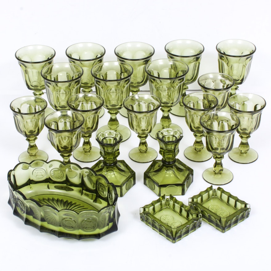 Fostoria Argus Green "Coin Glass" Candle Holders, Ashtrays and Other Stemware
