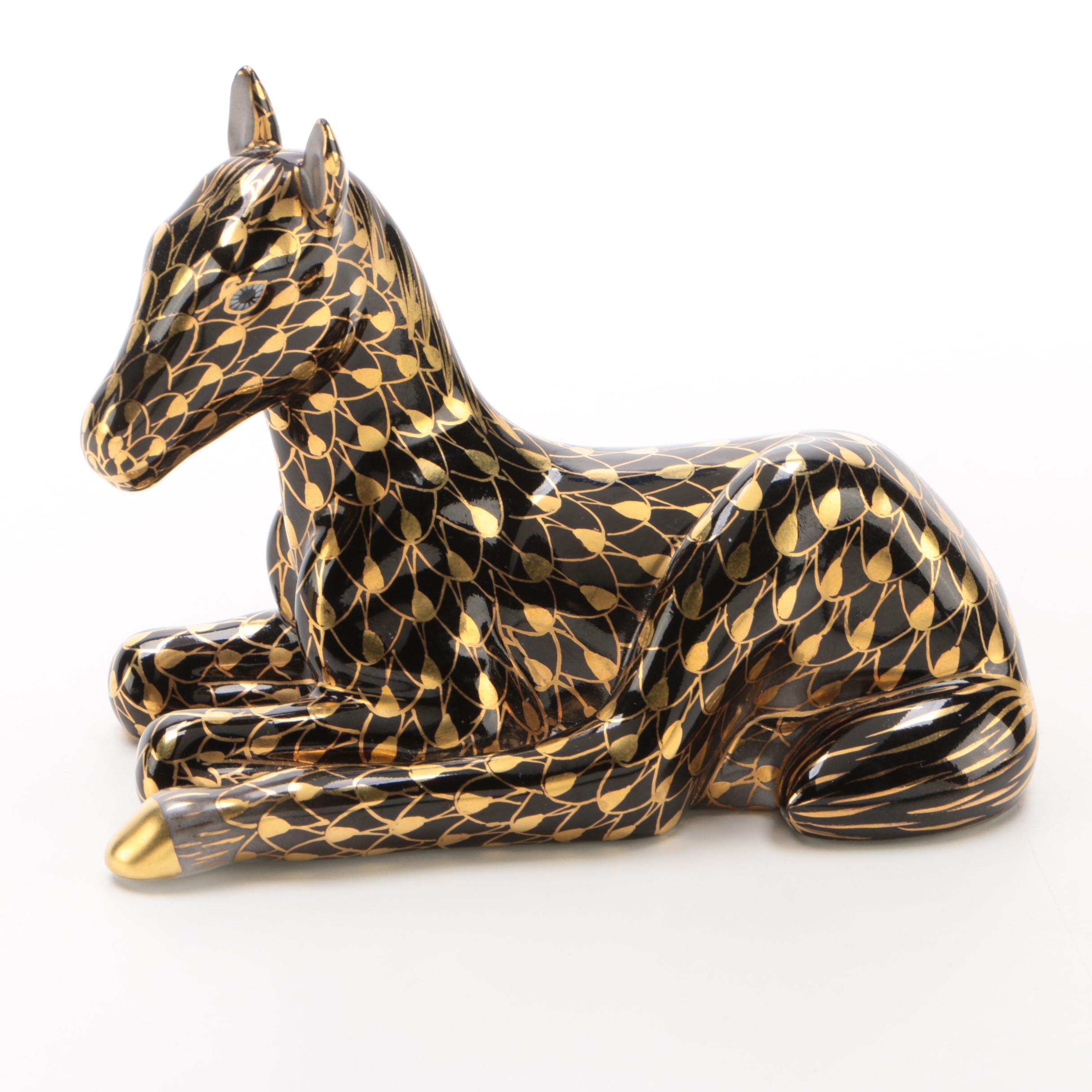 Herend Gold Fishnet and Black "Lying Foal" Porcelain Figurine