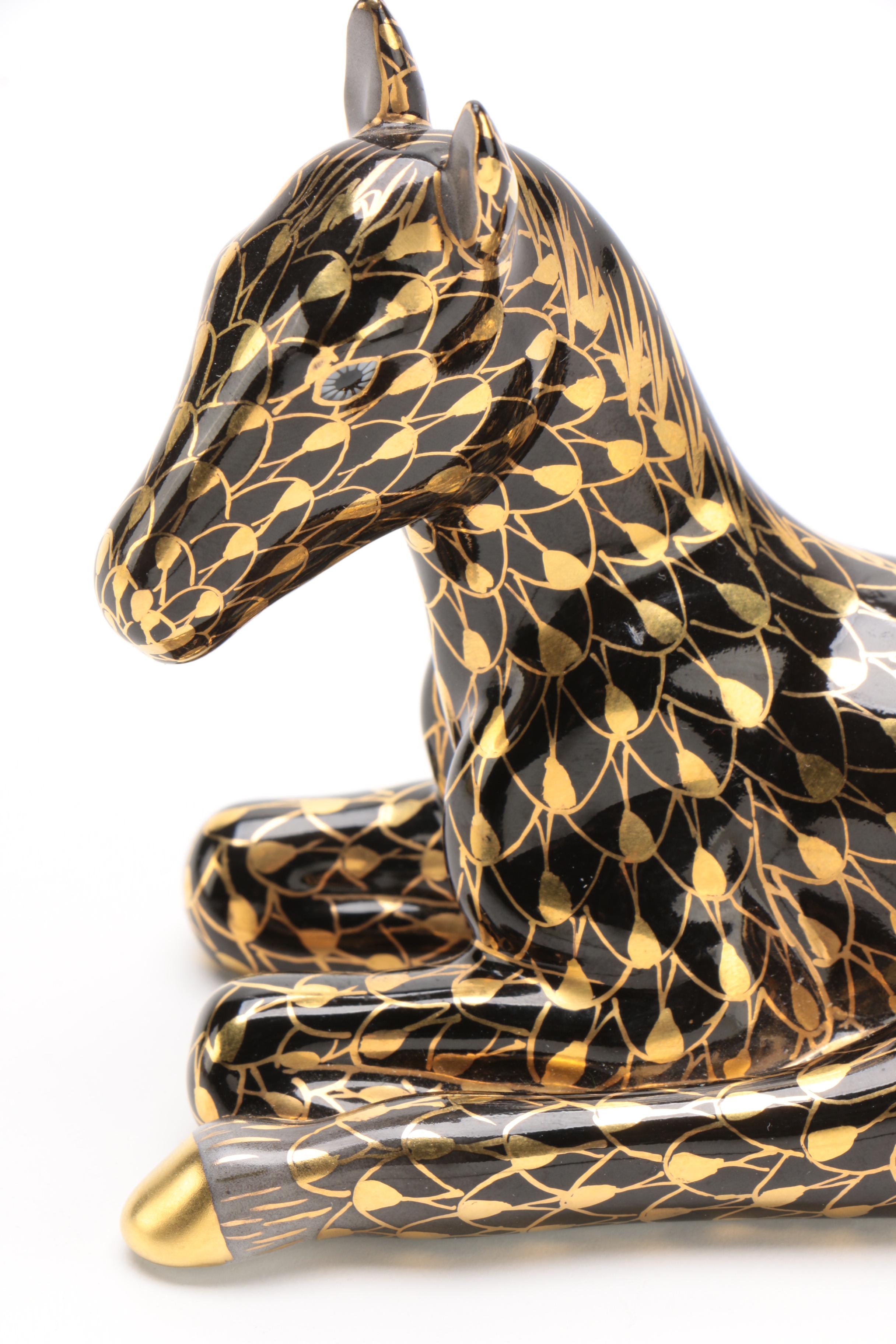 Herend Gold Fishnet and Black "Lying Foal" Porcelain Figurine
