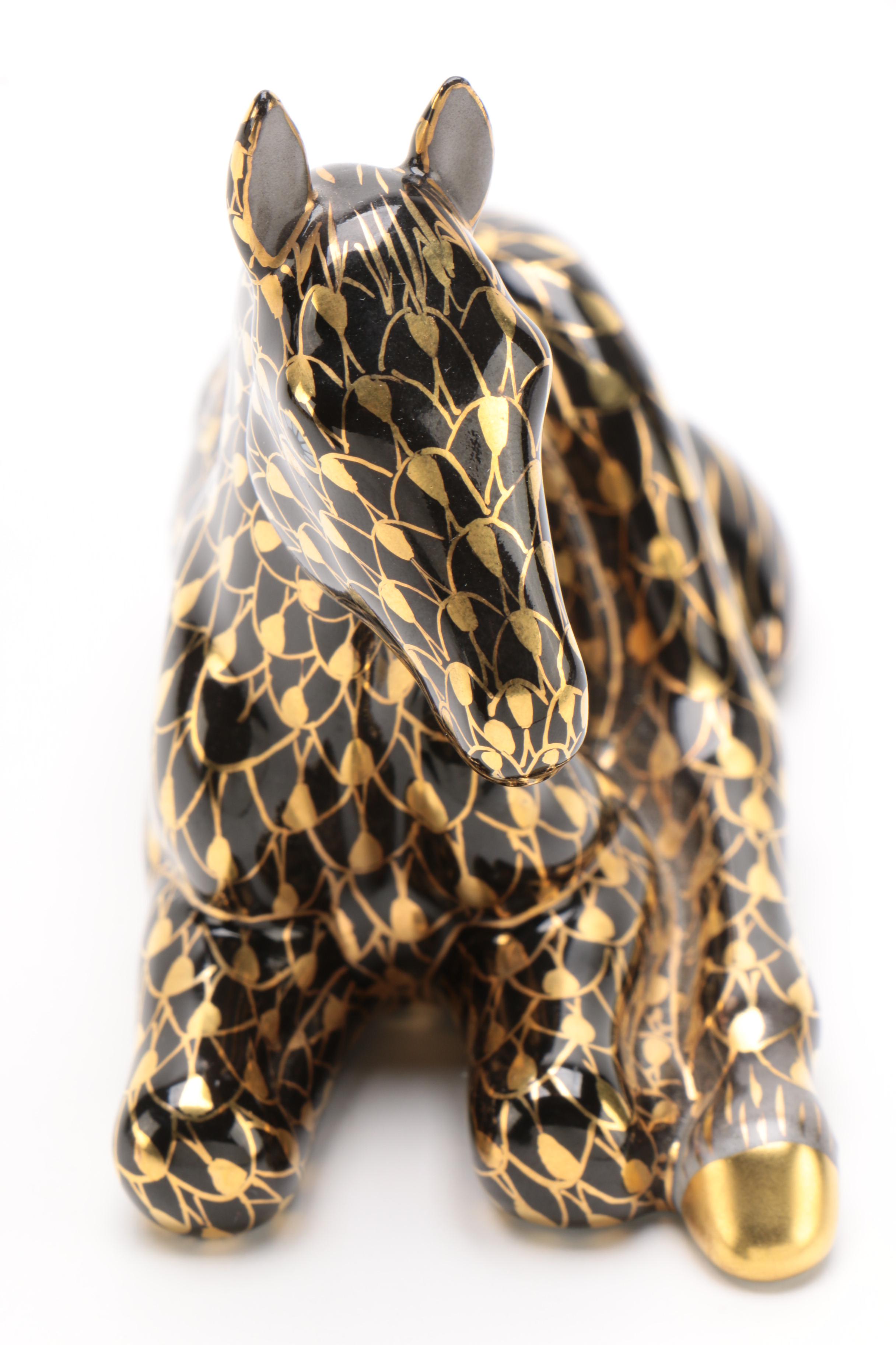 Herend Gold Fishnet and Black "Lying Foal" Porcelain Figurine