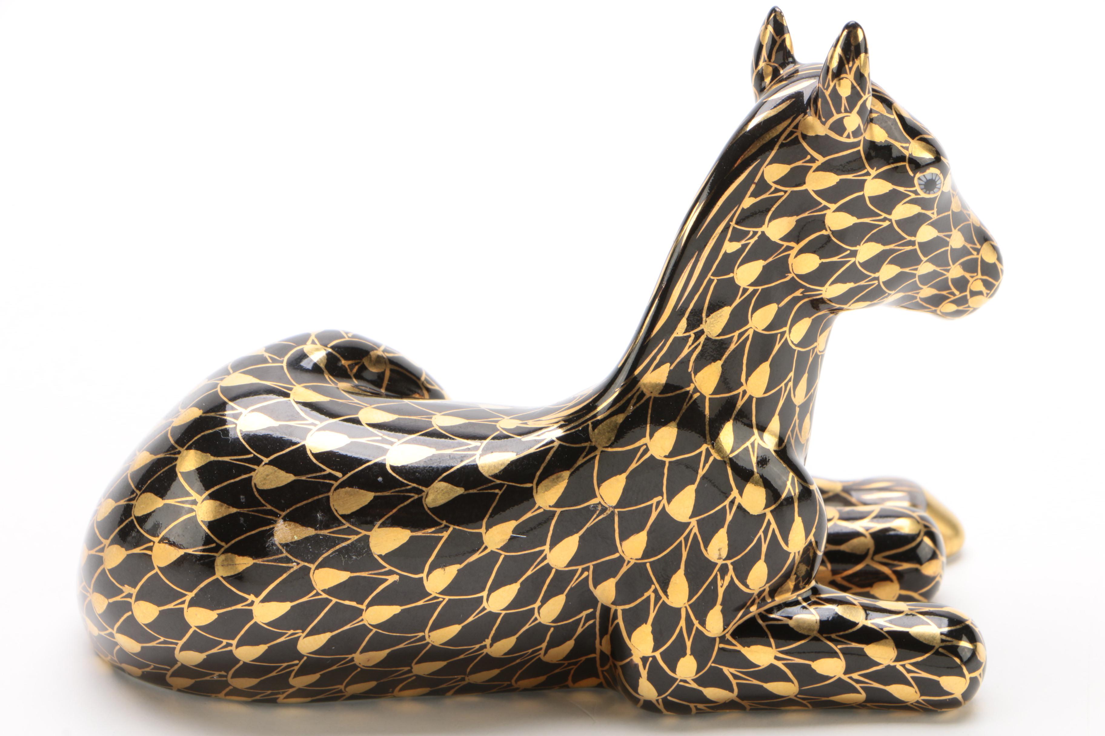 Herend Gold Fishnet and Black "Lying Foal" Porcelain Figurine