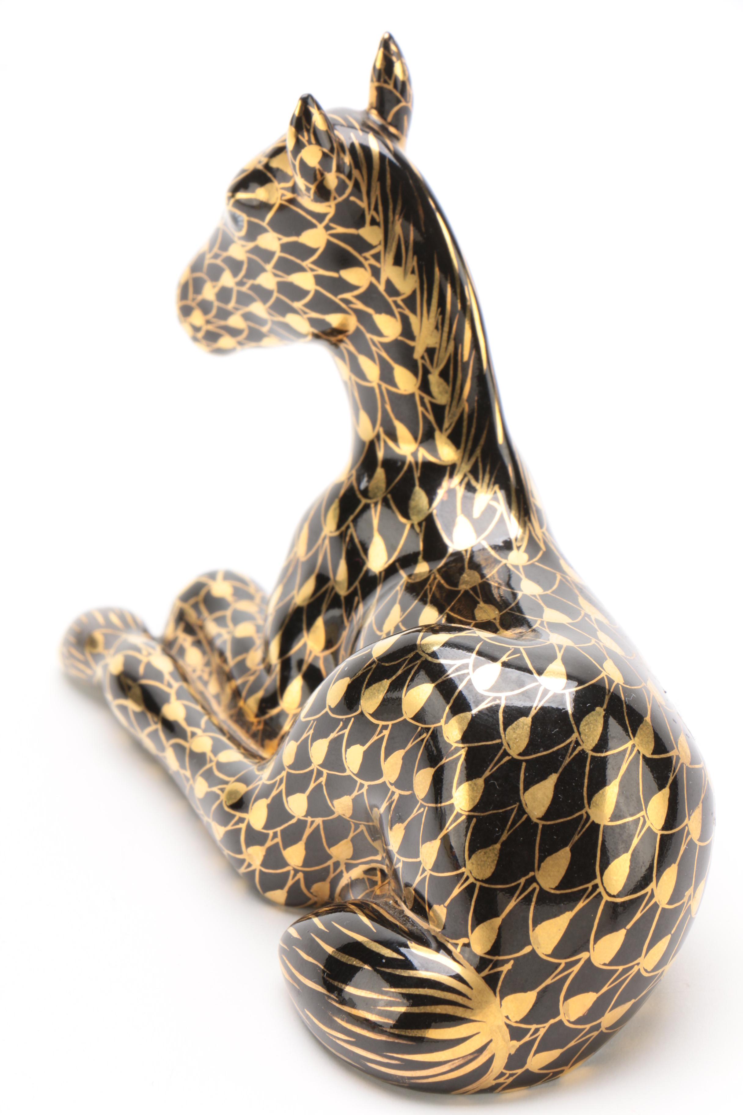 Herend Gold Fishnet and Black "Lying Foal" Porcelain Figurine