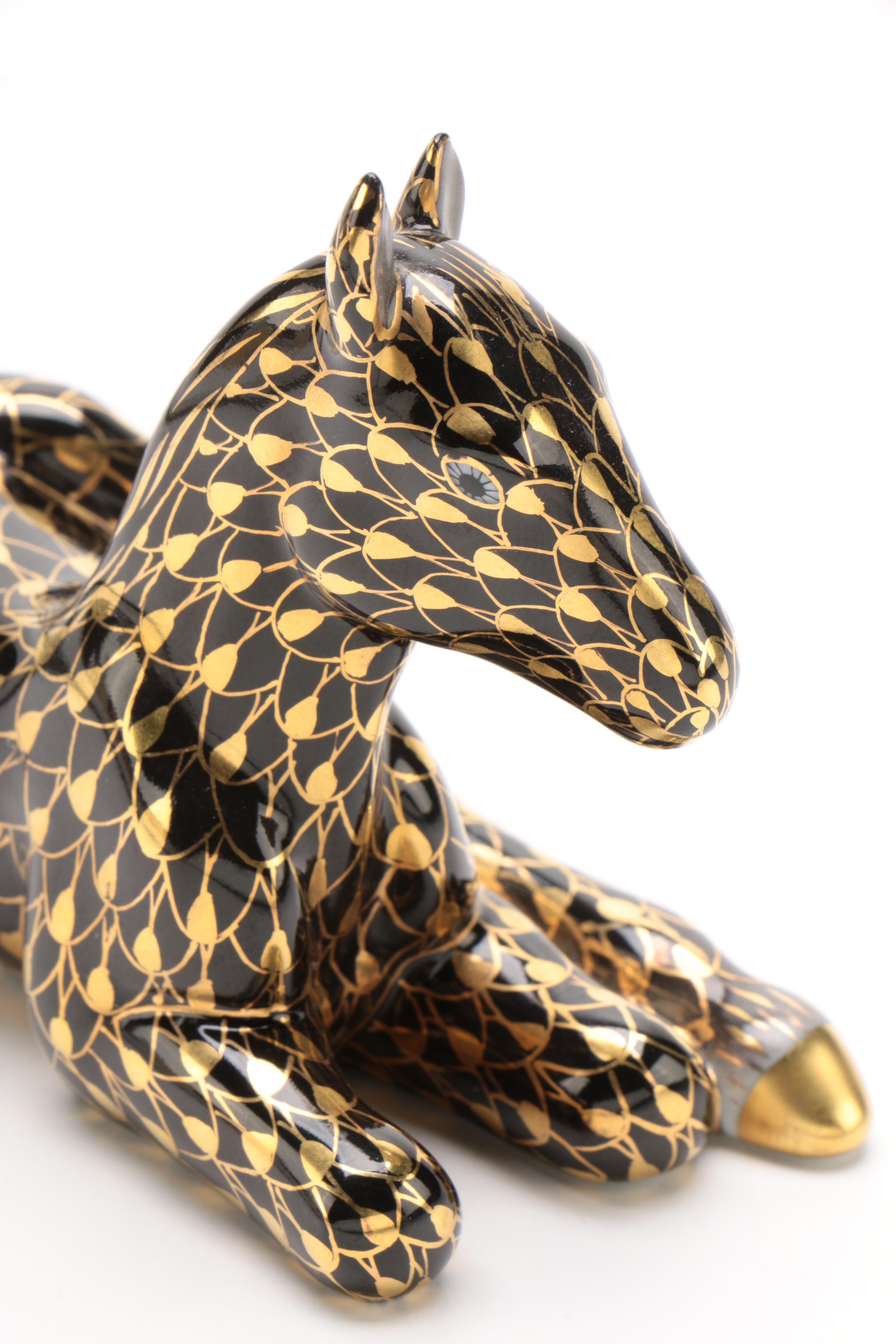 Herend Gold Fishnet and Black "Lying Foal" Porcelain Figurine