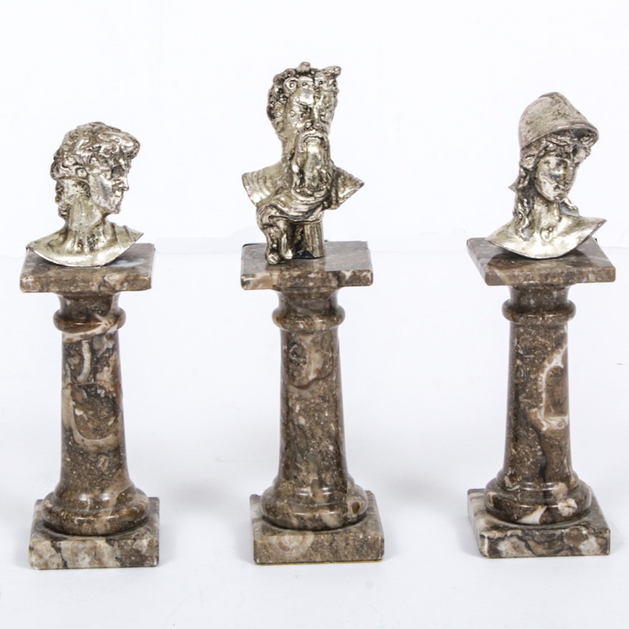 Miniature Cast Metal Busts on Marble Plinths