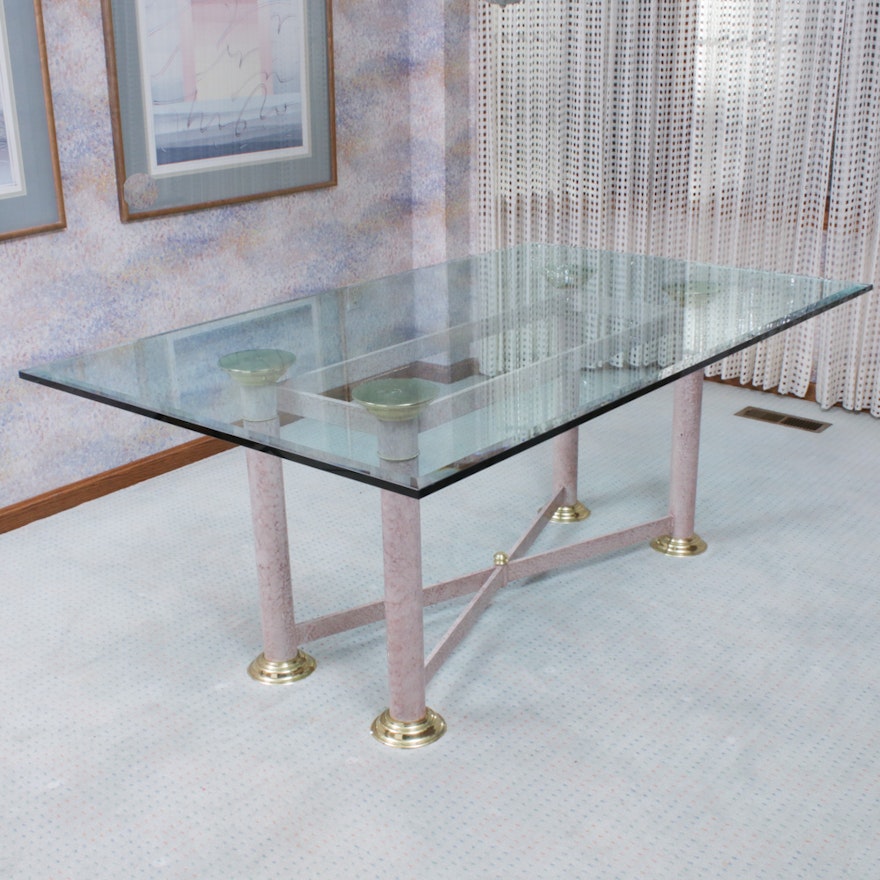 Brass-Mounted, Marbleized-Metal, and Glass Top Dining Table, Late 20th Century