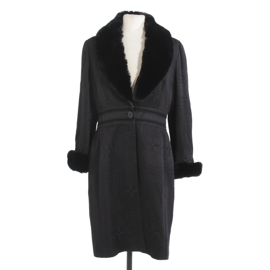Sunny Choi Black Silk and Wool Blend Patterned Coat with Rabbit Fur Trim