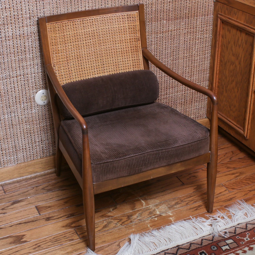Mid Century Modern Corduroy Upholstered Cane Back Armchair, Mid-20th C.