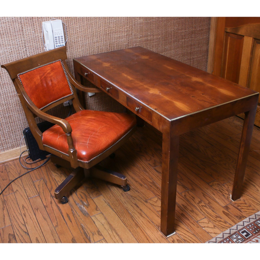 Fine Arts Furniture Yew Wood Writing Table and Leather Office Chair, Mid-20th C.