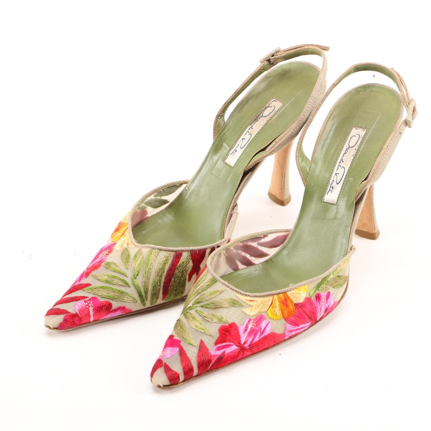 Oscar de la Renta Floral Embroidered Slingback Pumps