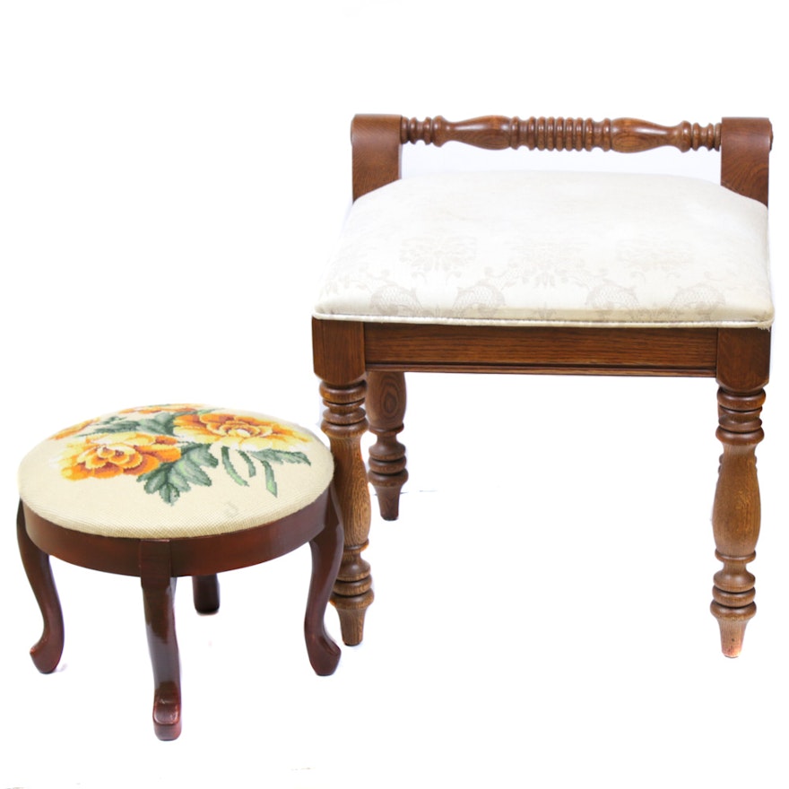 Hooker Furniture Vanity Stool and Needlepoint Footstool, Mid to Late 20th C.