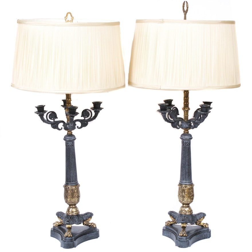 Regency Style Brass and Cast Iron Candelabra Lamps, Mid-20th Century