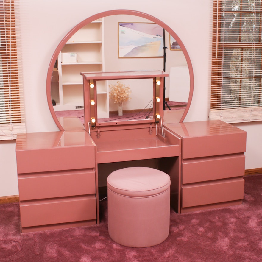 Deco Revival Style Mauve Painted Vanity with Stool, Late 20th Century