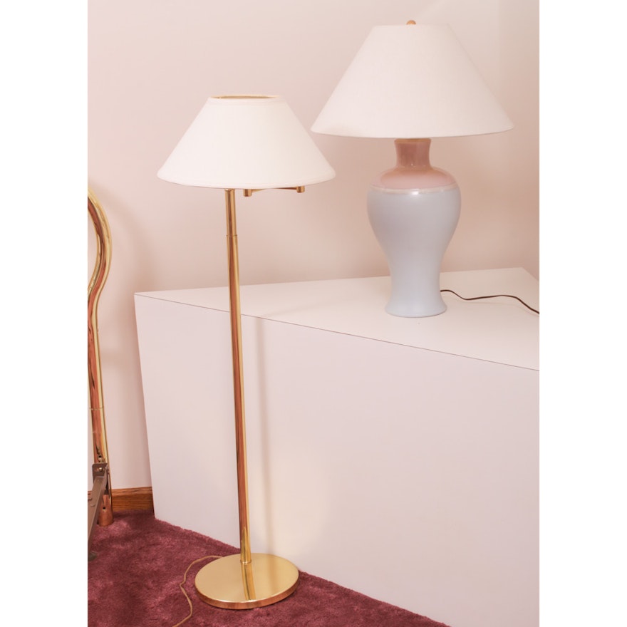 Brass Swing Arm Floor Lamp and Ceramic Table Lamp, Late 20th Century