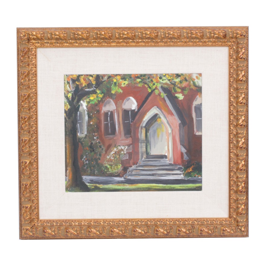 Oil Painting of Church Front, Mid to Late 20th Century