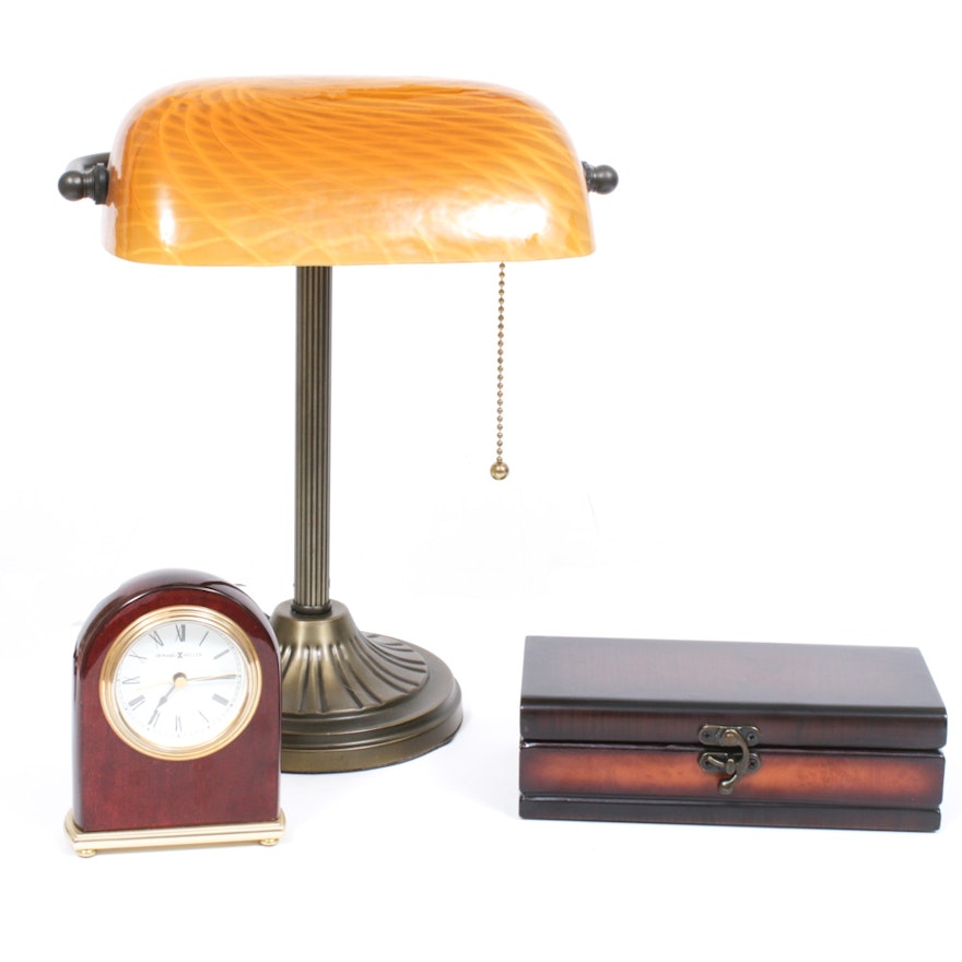 Banker Style Desk Lamp, Howard Miller Clock and Decorative Box