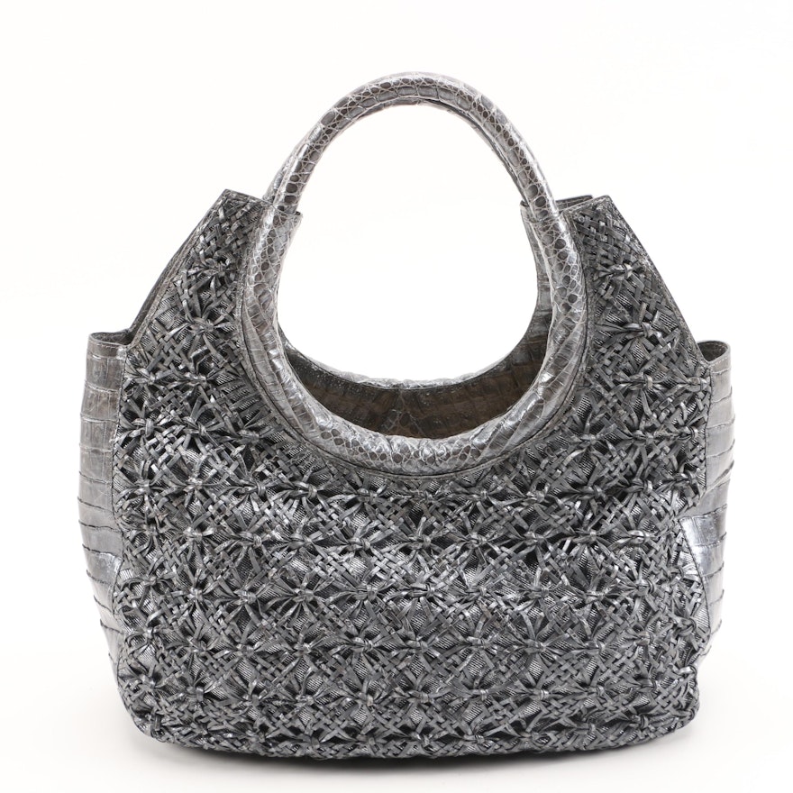 Nancy Gonzalez Gray Woven Caiman Crocodile and Metallic Silver Denim Tote Bag