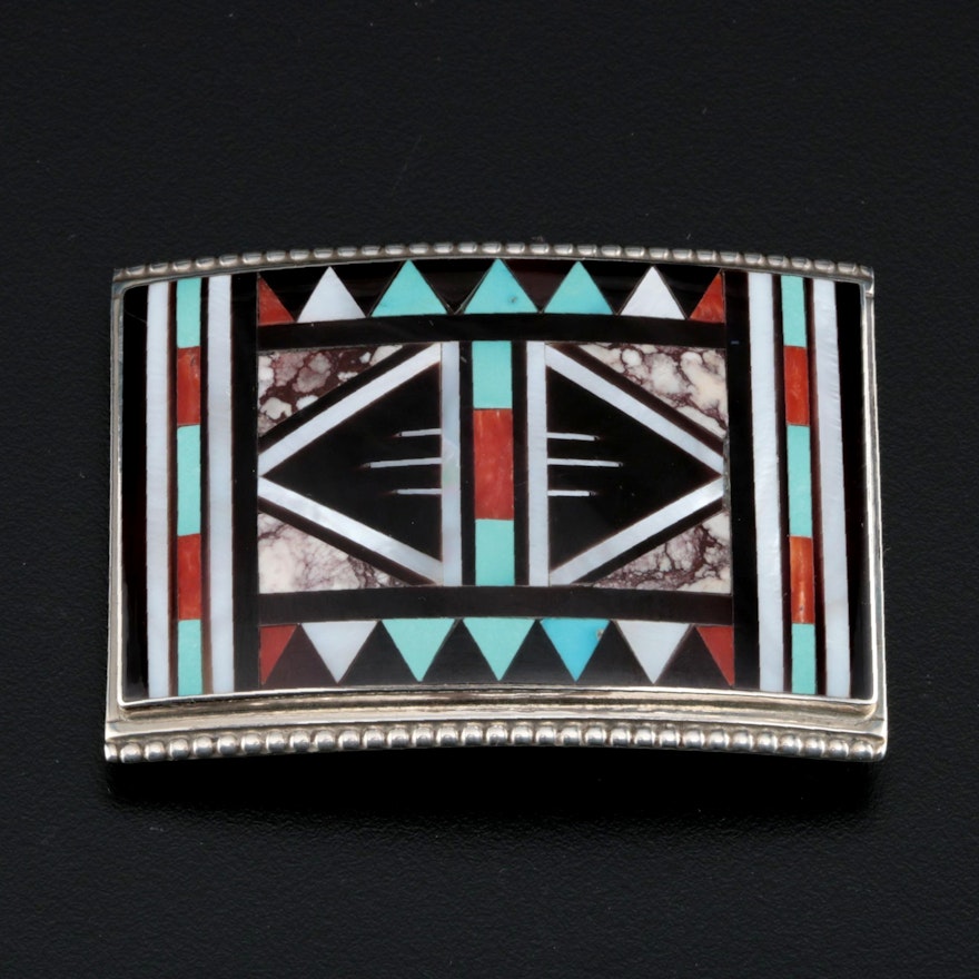 Rick & Lucy Vacit Zuni Sterling Belt Buckle with Turquoise, Coral and MOP Inlay