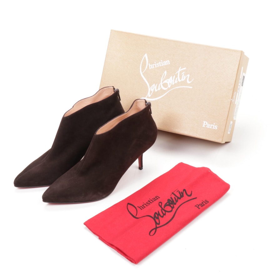 Christian Louboutin Chocolate Brown Suede Zip-Up Heeled Ankle Boots