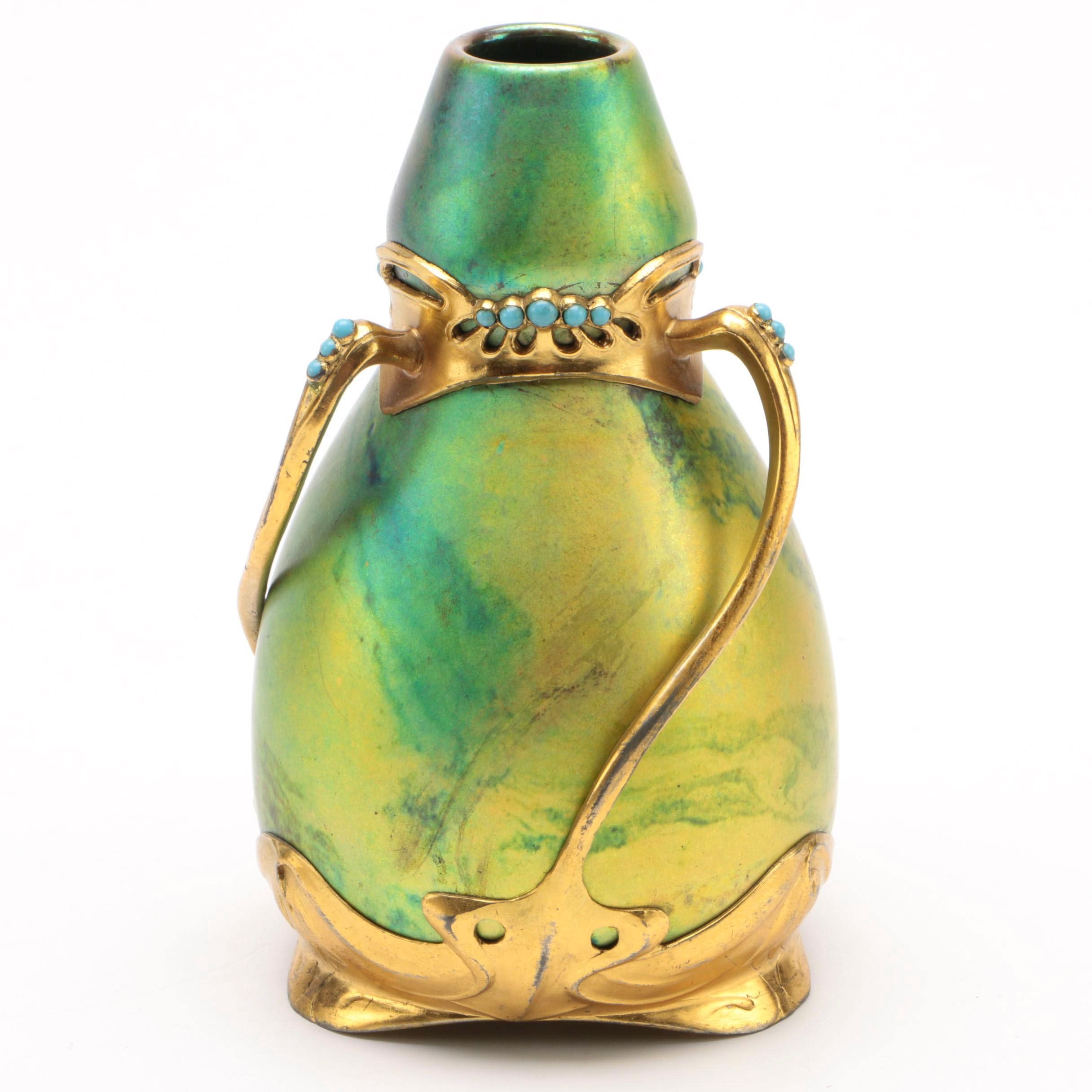 Art Nouveau Osiris Gilt Pewter Mounted Zsolsnay Porcelain Bud Vase, circa 1900
