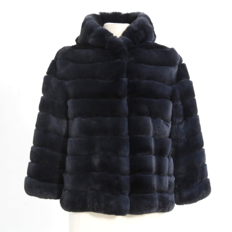 Sheared and Dyed Blue Rex Rabbit Fur Hooded Jacket, Made in Italy