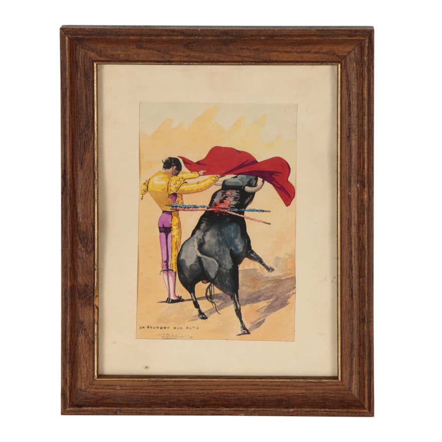 Watercolor Painting of Spanish Bullfighting Scene