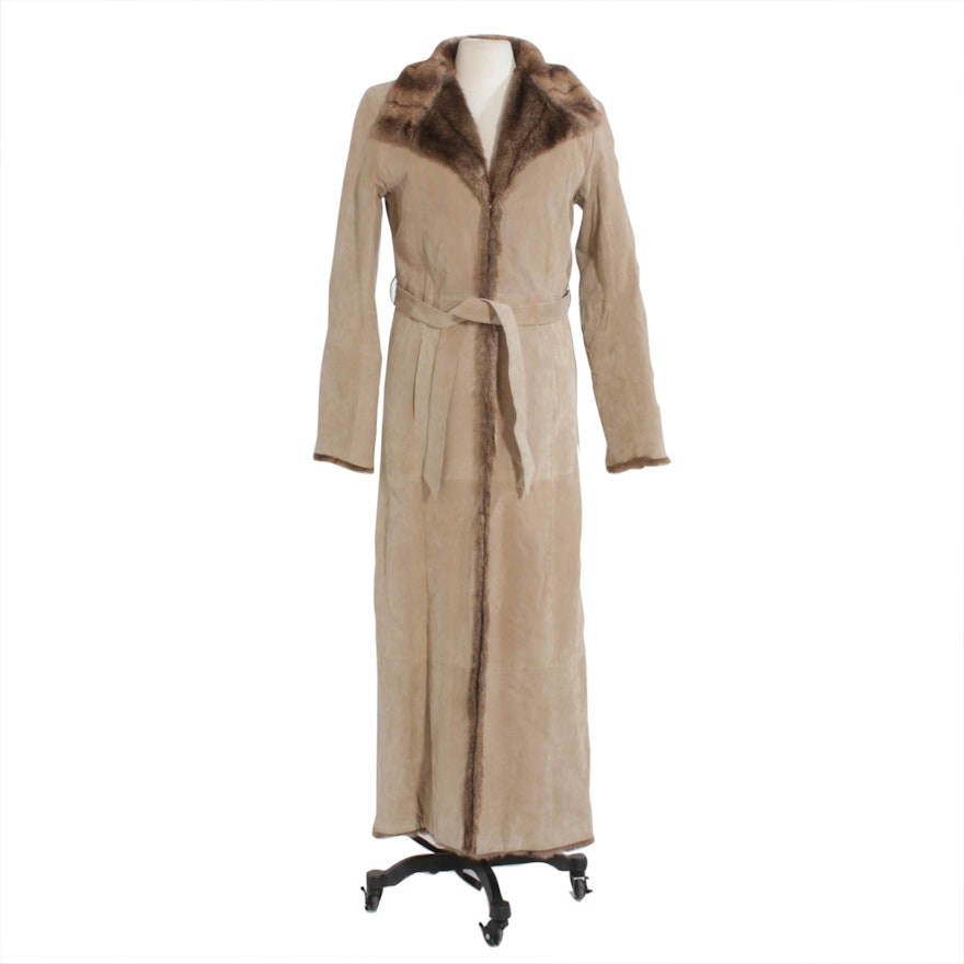 Charlotte Russe Suede Full-Length Coat with Tie Belt and Faux Fur Trim