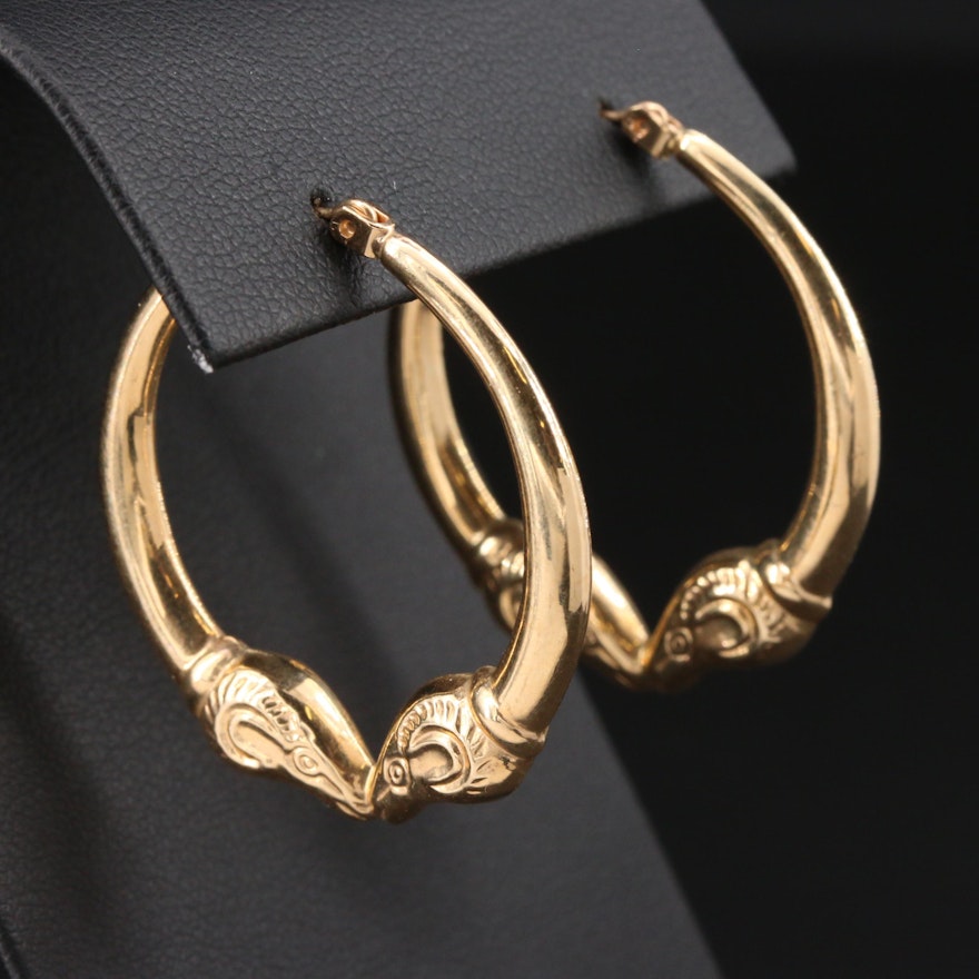 14K Yellow Gold Rams Head Hoop Earrings