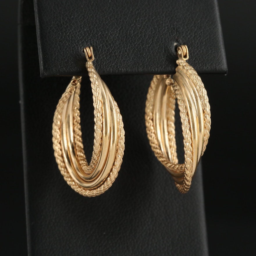 14K Yellow Gold Rope Patterned Hoop Earrings