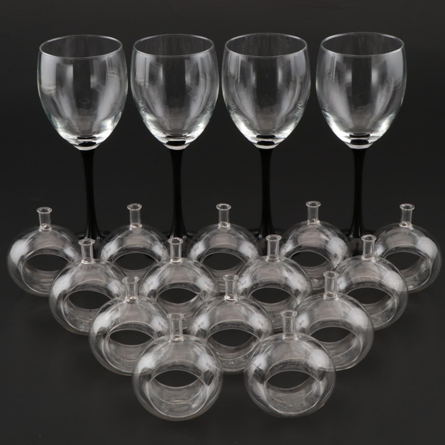 Black Stem Burgundy Wine Glasses with  Glass Bud Vase Napkin Rings