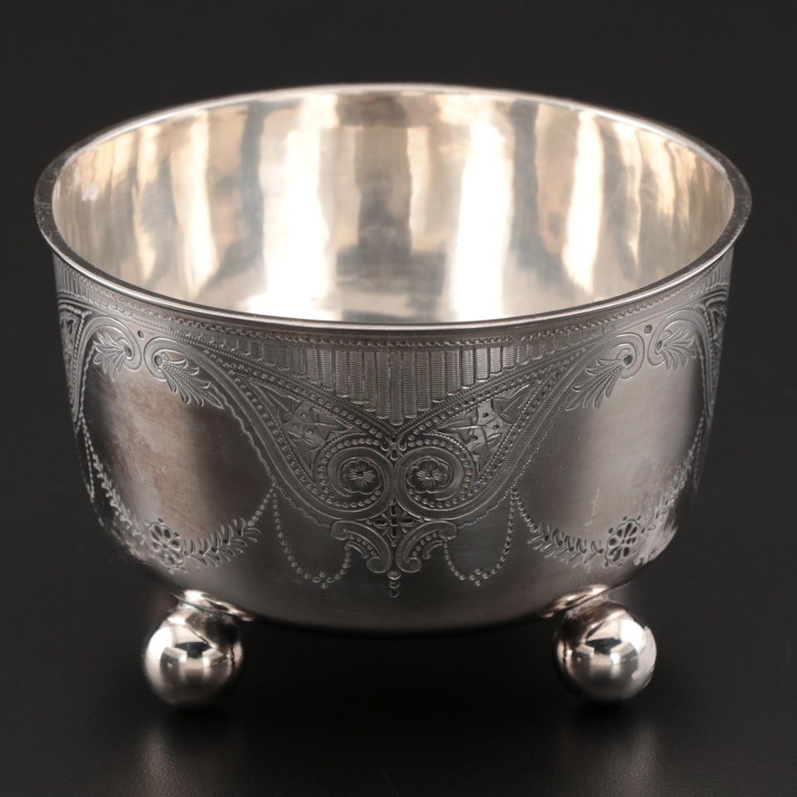 William Hutton & Sons Engraved Sterling Silver Ball-Footed Waste Bowl, 1879