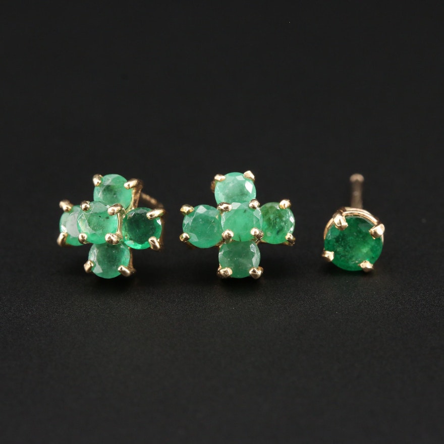 14K Yellow Gold Emerald Cluster Earrings with Single 14K Emerald Stud